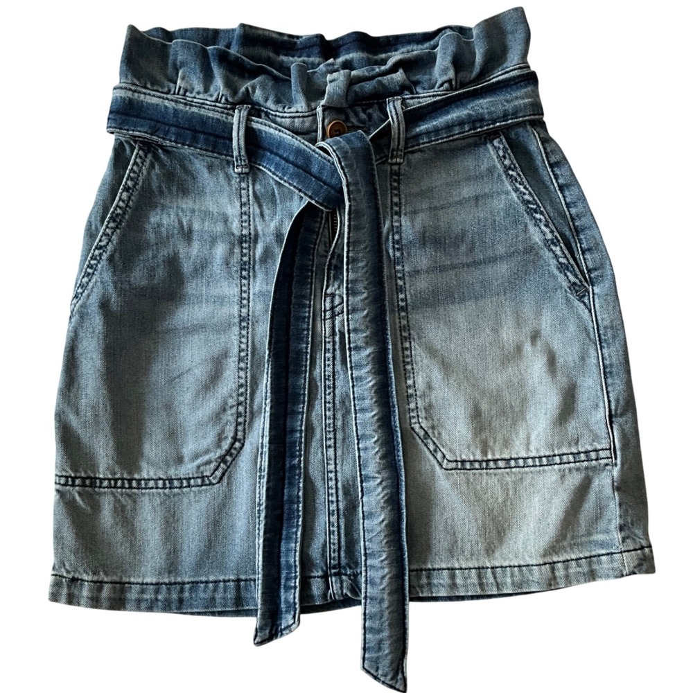 Free People Denim Paperbag Waist Tie‎ Belt Skirt Light Wash Women Size 0 XS